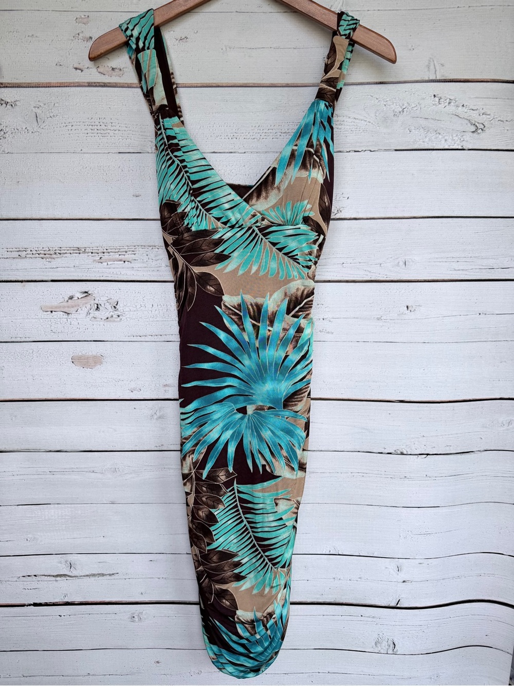 NWT Vintage Y2K Mary L. Couture Tropical Palm Leaf Ruched Dress - Size 8 - Picture 2 of 6